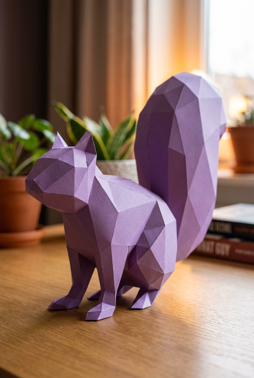 Ardilla Poligonal 3D de Papel para Montar 27x32x10– Kit Decorativo PaperCraft DIY, Escultura Moderna de Cartón, Decoración Geométrica para el Hogar