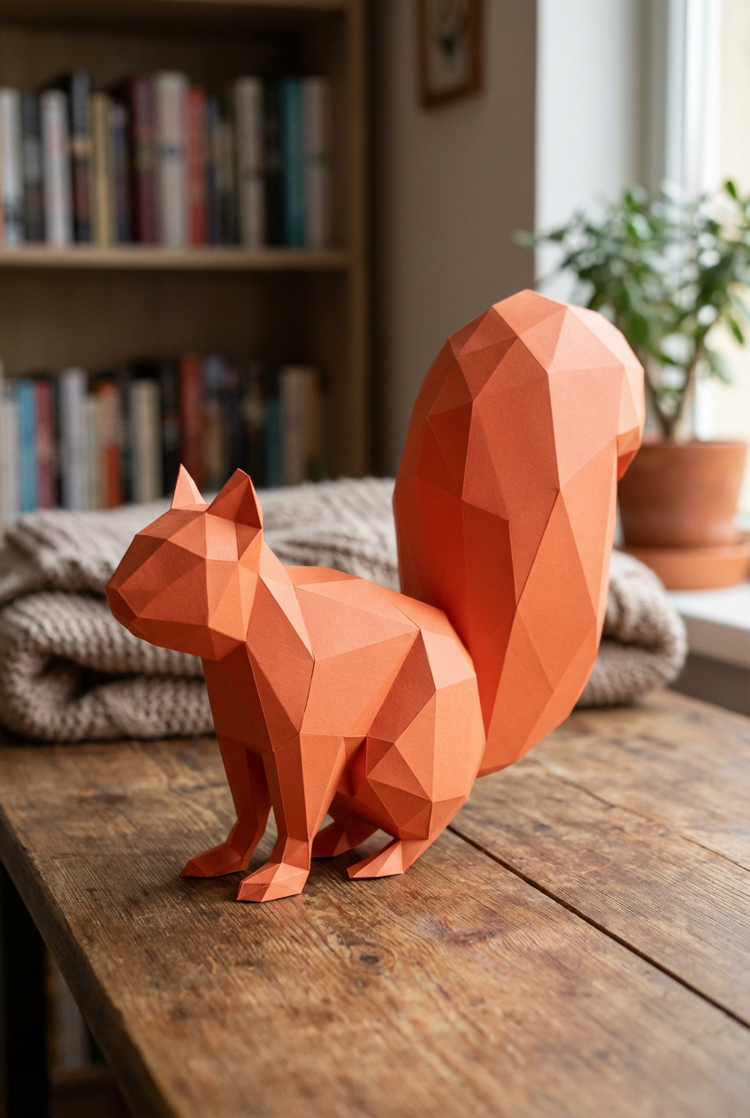 Ardilla Poligonal 3D de Papel para Montar 27x32x10– Kit Decorativo PaperCraft DIY, Escultura Moderna de Cartón, Decoración Geométrica para el Hogar