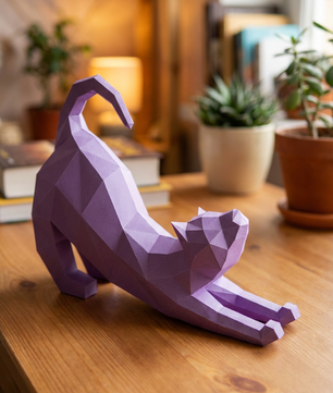 Figura Poligonal 3D de Gato en Papel para Montar 40x32x12 – Kit Decorativo PaperCraft DIY, Escultura Geométrica Moderna para Mesa o Estantería