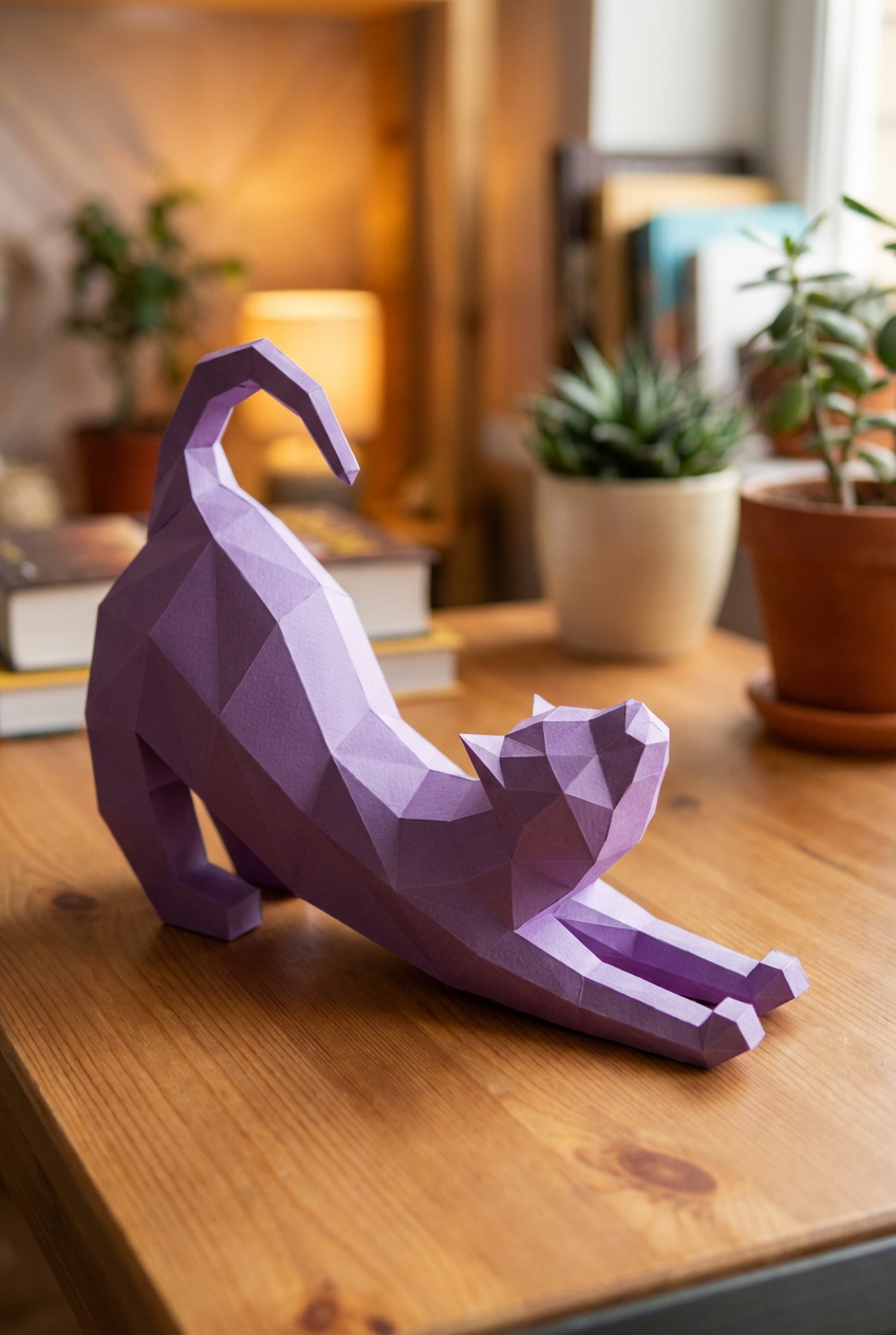 Figura Poligonal 3D de Gato en Papel para Montar 40x32x12 – Kit Decorativo PaperCraft DIY, Escultura Geométrica Moderna para Mesa o Estantería