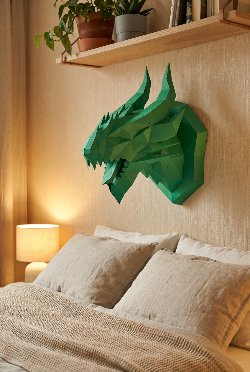 3D polygonal paper dragon head figure for assembly 40 x 29 x 25 – decorative papercraft DIY kit, modern geometric sculpture for wall above the bed - Mi tienda