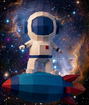 3D small astronaut on rocket papercraft polygonal paper figure 42x32x11 – DIY craft, modern geometric sculpture for wall décor