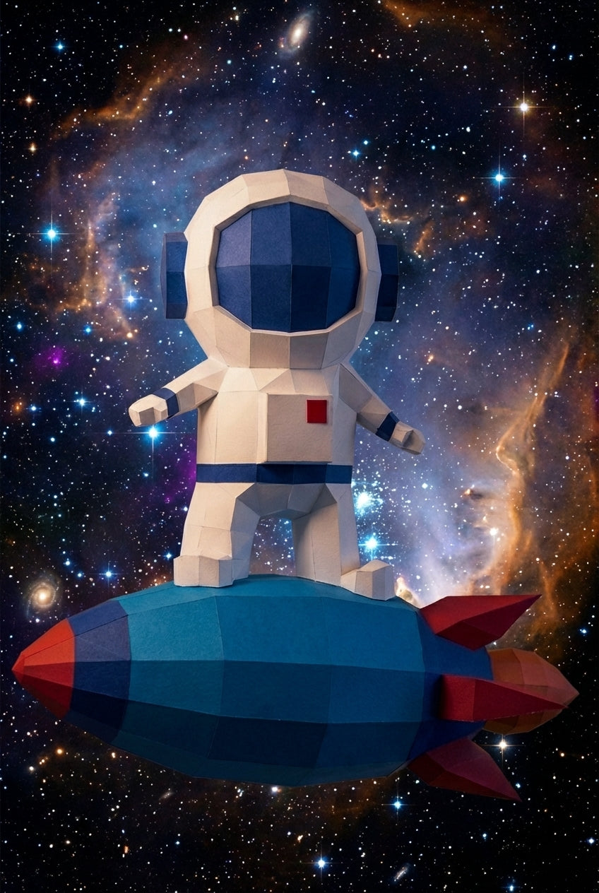 3D small astronaut on rocket papercraft polygonal paper figure 42x32x11 – DIY craft, modern geometric sculpture for wall décor