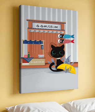 Black cat with Japanese storefront and koi fish flags – cozy and charming wall art - Mi tienda
