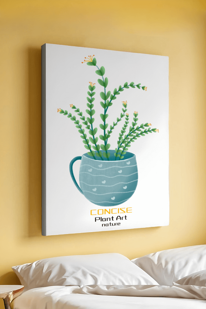 Ilustración de una planta verde en una taza decorativa azul