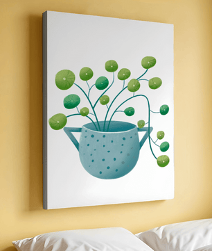 Ilustración minimalista de una planta pilea verde en una maceta de cerámica azul