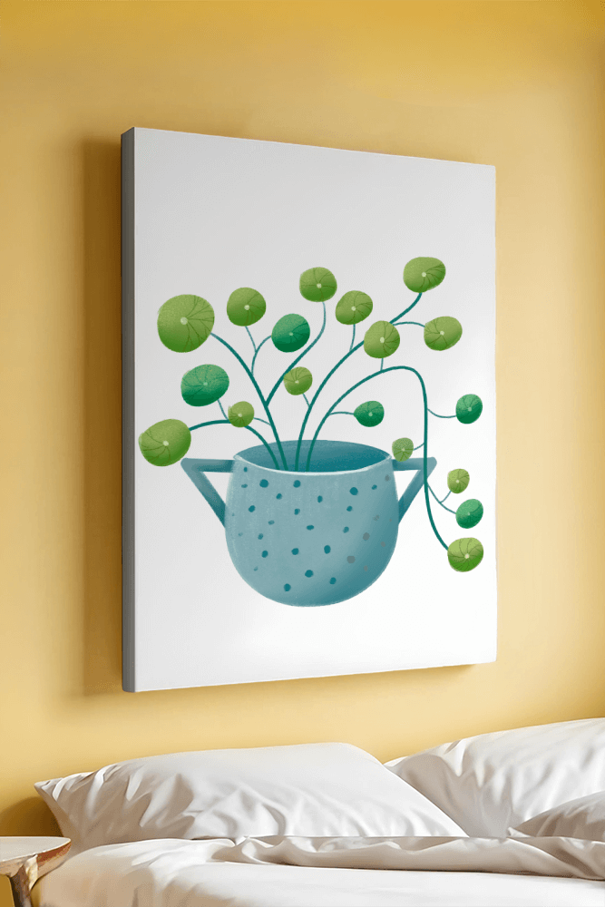 Ilustración minimalista de una planta pilea verde en una maceta de cerámica azul