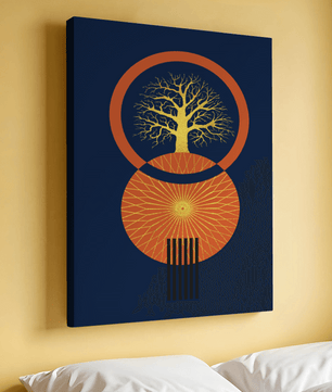 Sacred tree illustration with geometric sun and gold details - Mi tienda