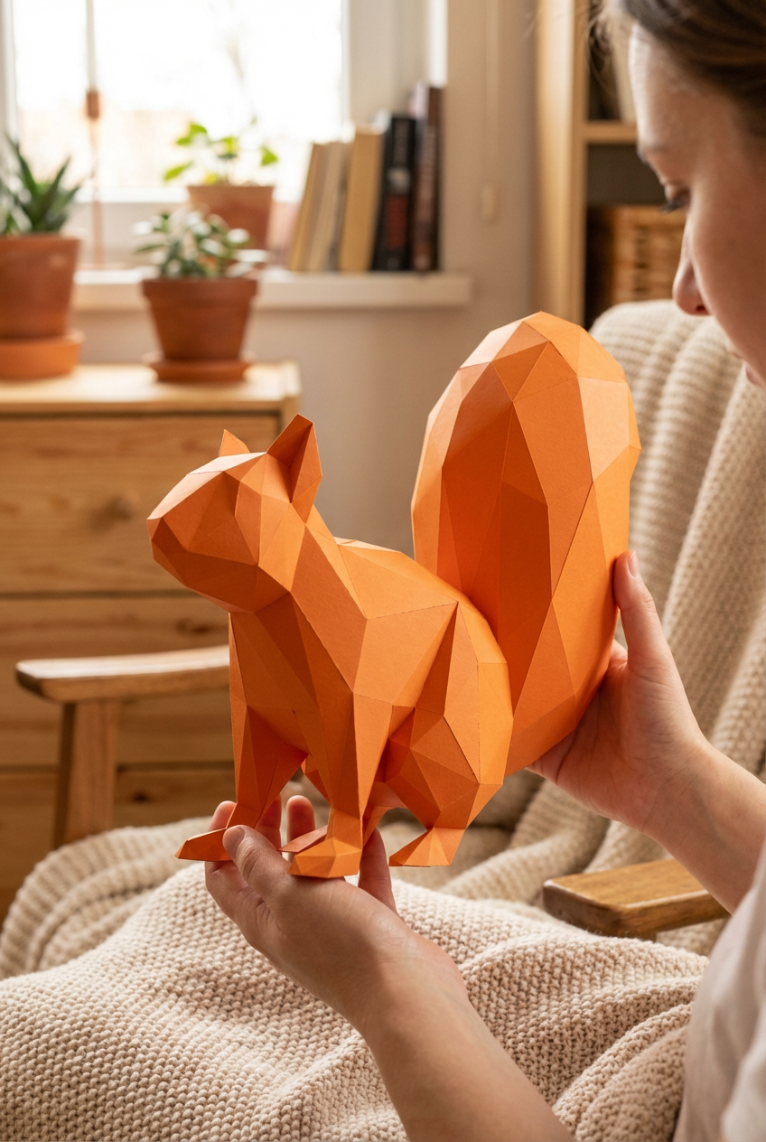 Ardilla Poligonal 3D de Papel para Montar 27x32x10– Kit Decorativo PaperCraft DIY, Escultura Moderna de Cartón, Decoración Geométrica para el Hogar