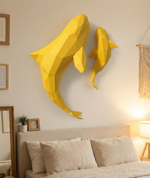 Figura de orcas de papel poligonal 3D para ensamblar 60 x 50 x 20 – kit de manualidades de papercraft decorativo, escultura geométrica moderna para pared sobre la cama