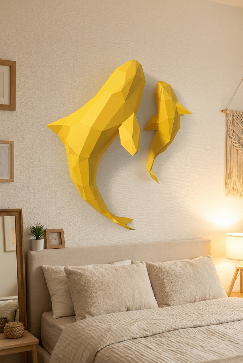 Figura de orcas de papel poligonal 3D para ensamblar 60 x 50 x 20 – kit de manualidades de papercraft decorativo, escultura geométrica moderna para pared sobre la cama