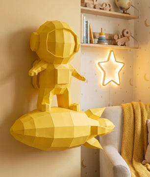 3D small astronaut on rocket papercraft polygonal paper figure 42x32x11 – DIY craft, modern geometric sculpture for wall décor