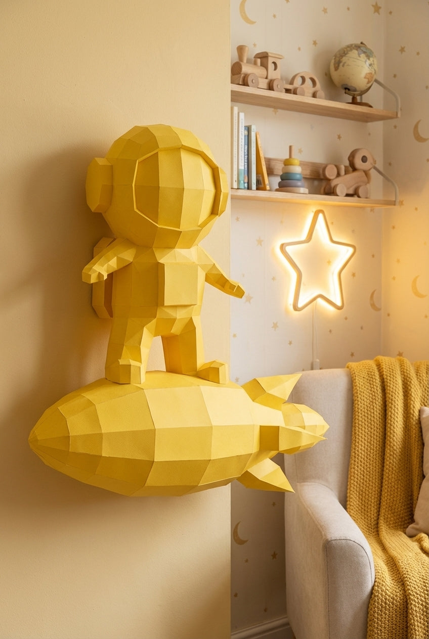 3D small astronaut on rocket papercraft polygonal paper figure 42x32x11 – DIY craft, modern geometric sculpture for wall décor