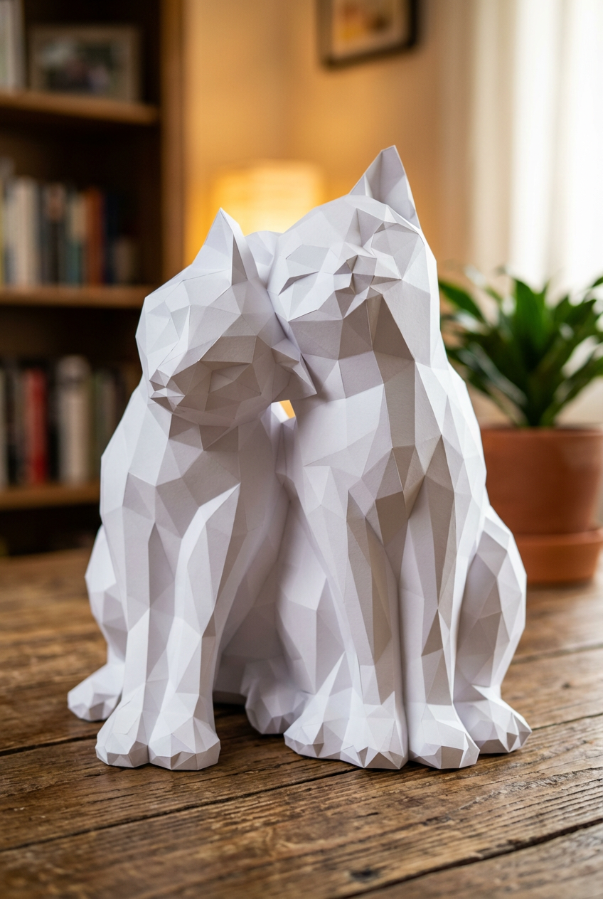 Figura constructor gatos poligonales de papel, manualidad 3D para montar 35x29x26 — PaperCraft DIY, figura de cartón para decoración del hogar