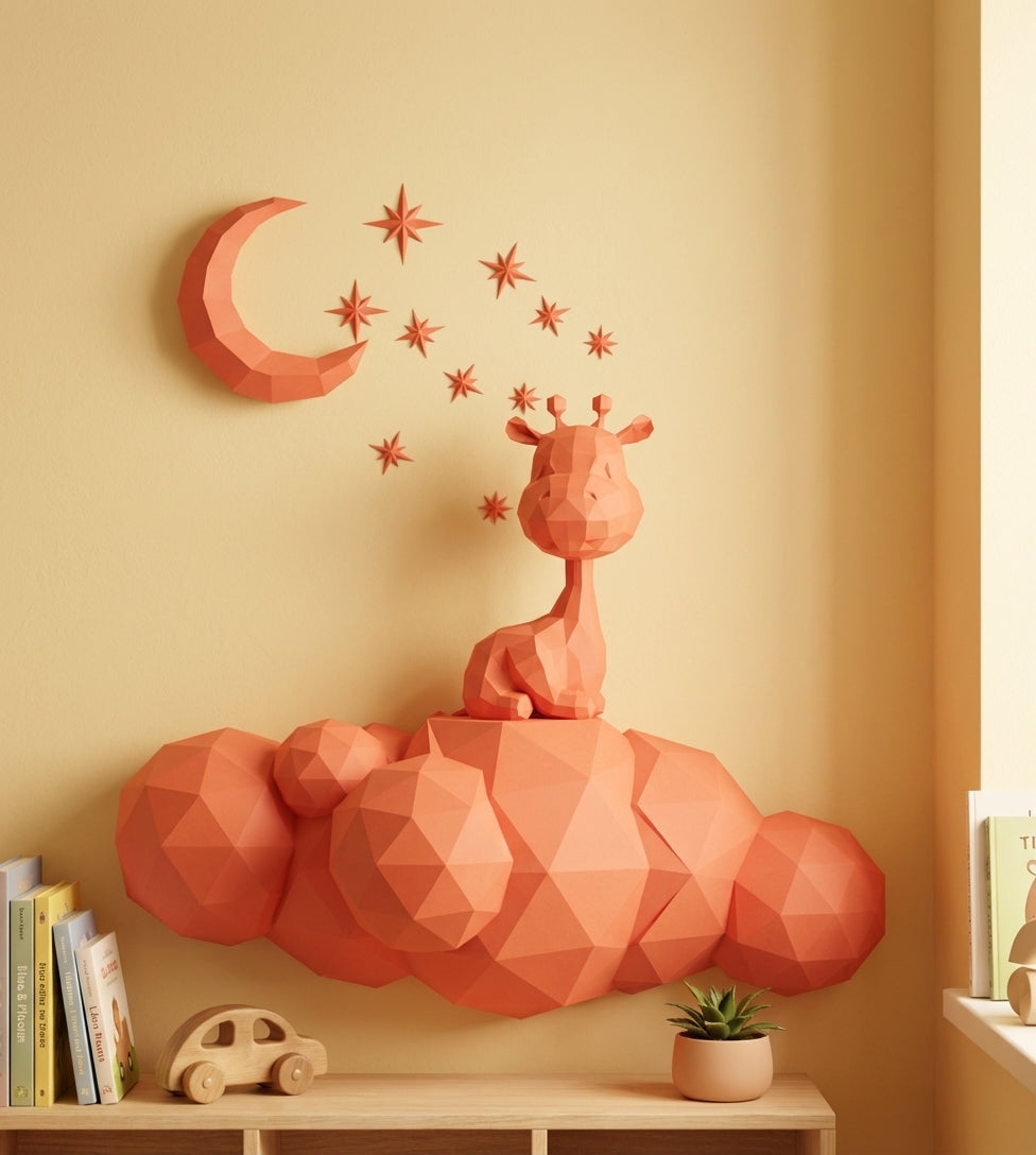 Cute wall giraffe 3D papercraft polygonal paper figure for assembly 50x45x16, 272 parts – DIY craft, sculptural cardboard giraffe for kids room wall decor