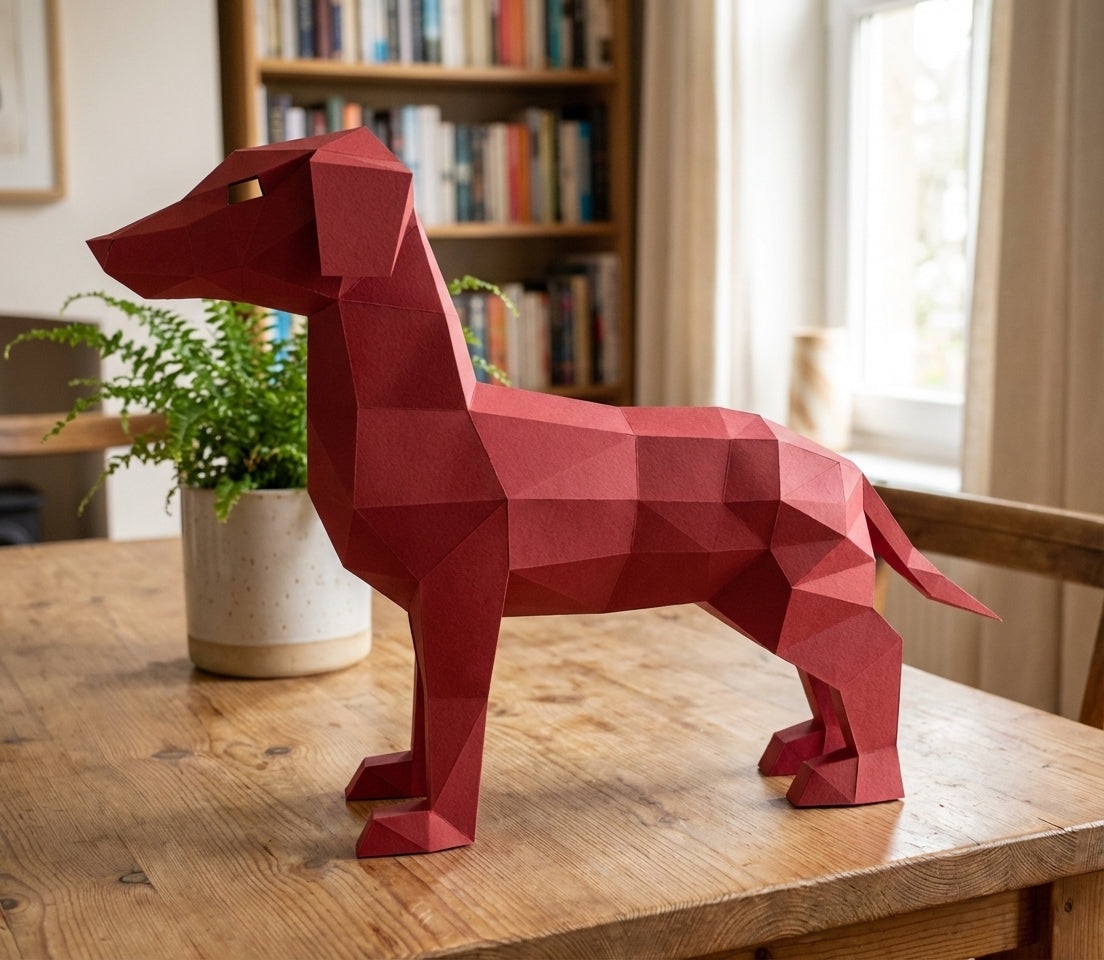 Cute ginger dog 3D papercraft polygonal paper figure for assembly, 50x37x18 cm, 65 parts – DIY craft, sculptural cardboard dog, geometric decor for entryway