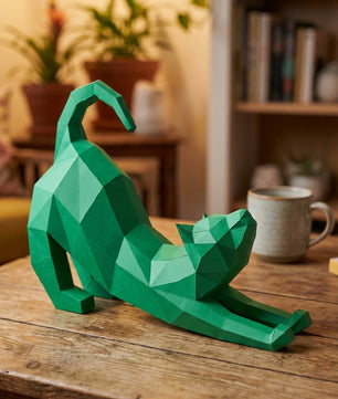 Figura Poligonal 3D de Gato en Papel para Montar 40x32x12 – Kit Decorativo PaperCraft DIY, Escultura Geométrica Moderna para Mesa o Estantería