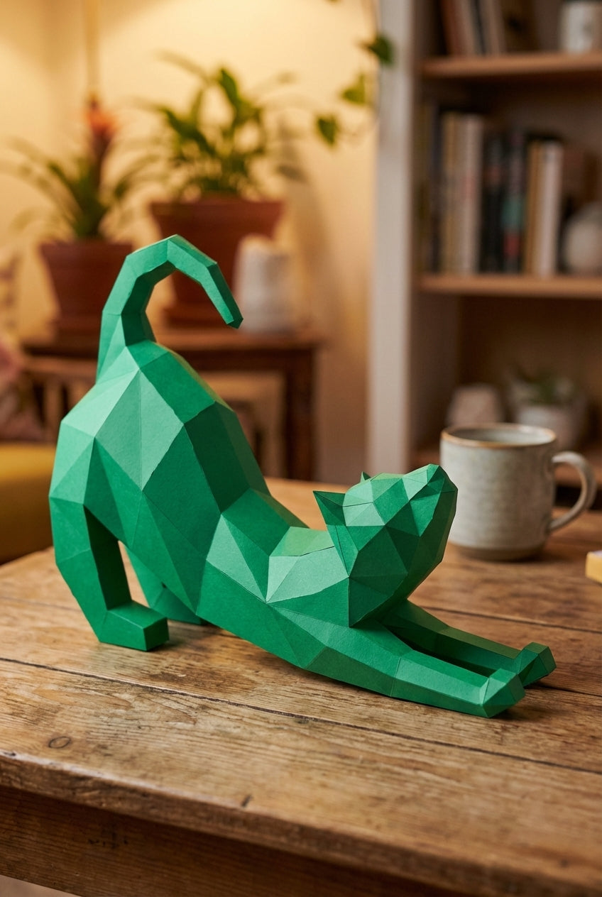 Figura Poligonal 3D de Gato en Papel para Montar 40x32x12 – Kit Decorativo PaperCraft DIY, Escultura Geométrica Moderna para Mesa o Estantería