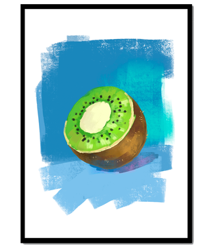 Illustration of a kiwi with a textured blue background