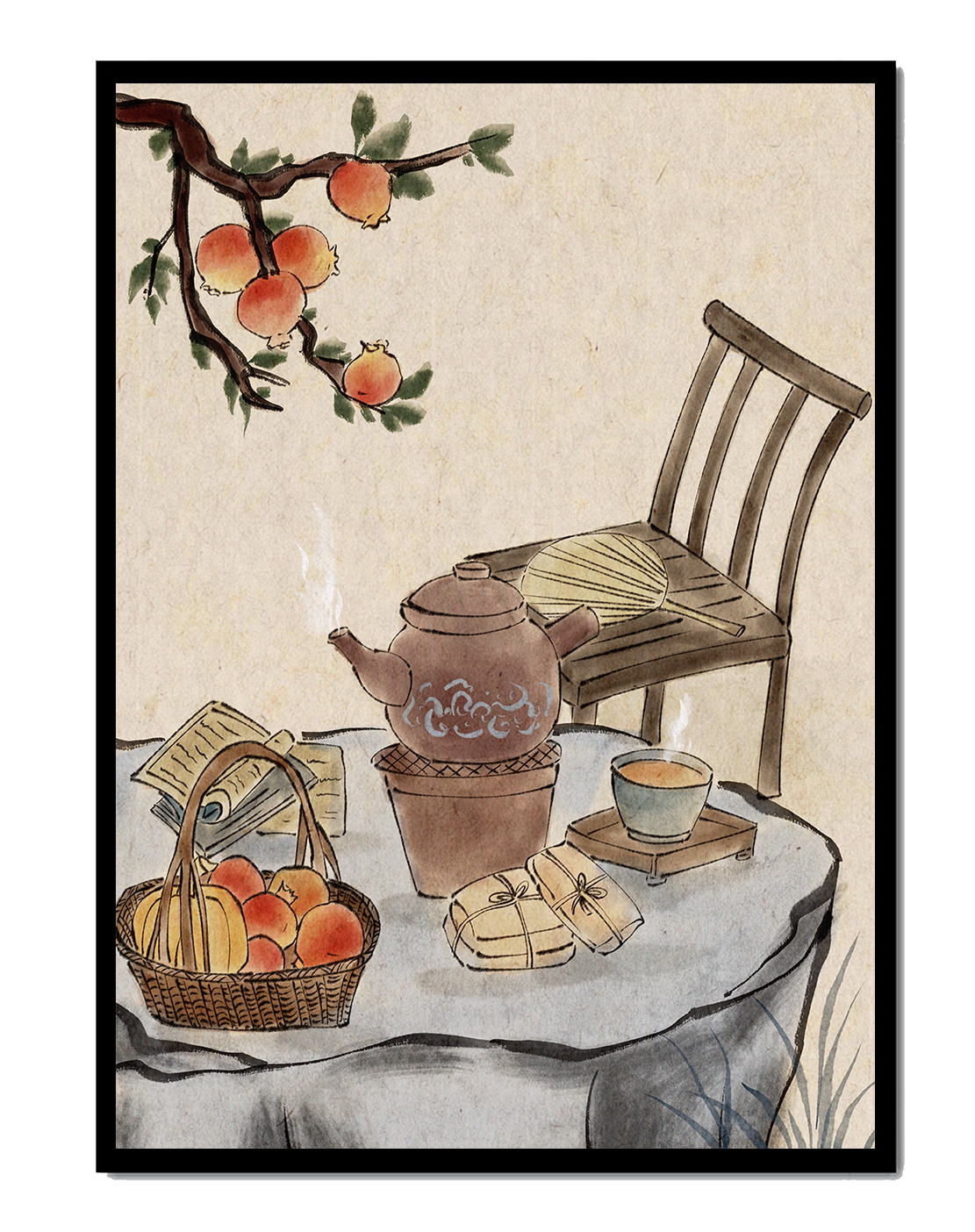 Watercolor painting of tea time setting with fruits and wooden chair