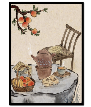 Peinture à l’aquarelle d’un moment de dégustation de thé avec des fruits et une chaise en bois