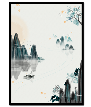 Serene watercolor landscape with mountains and river