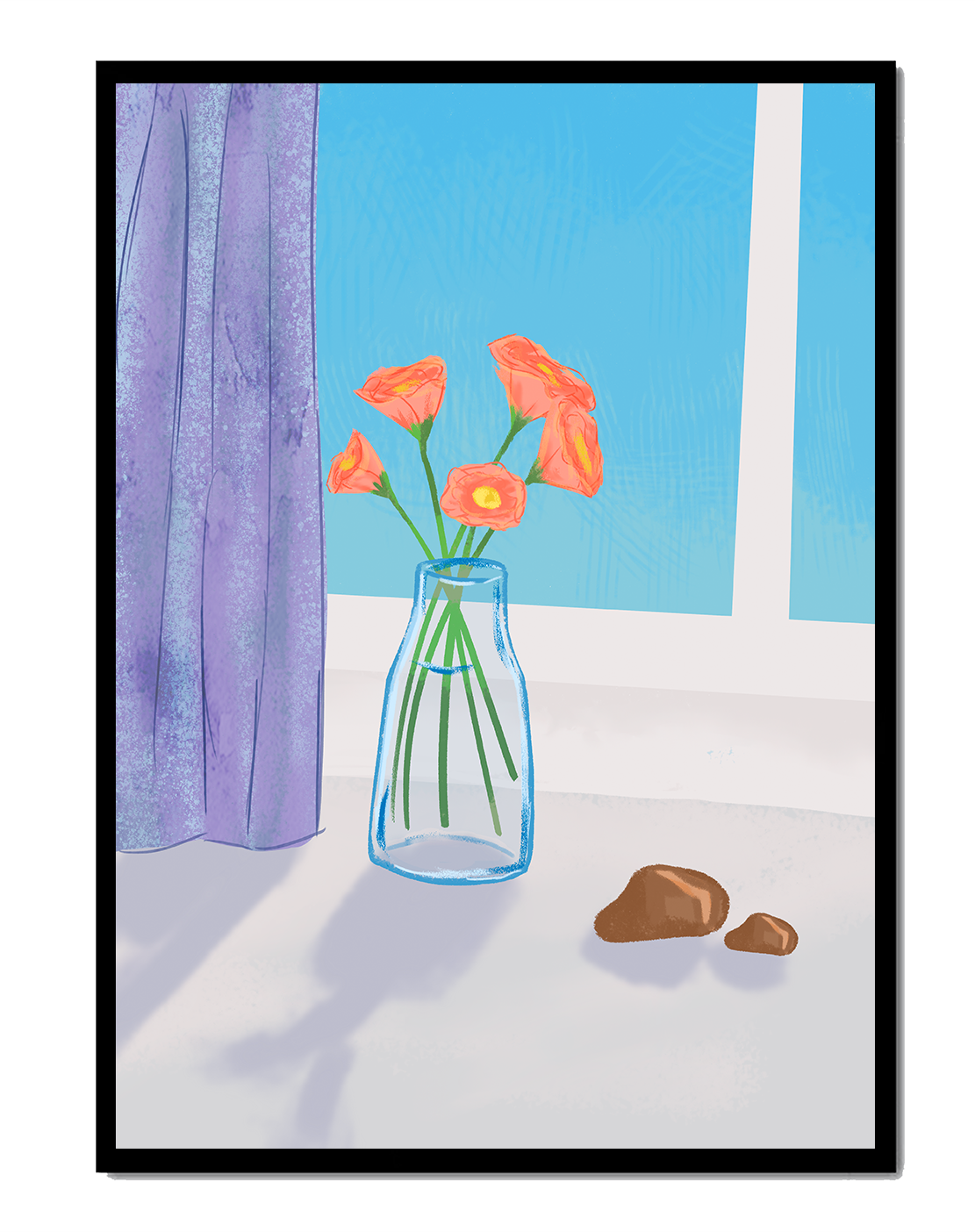 Vase mit orangefarbenen Blumen an einem Fenster mit violettem Vorhang