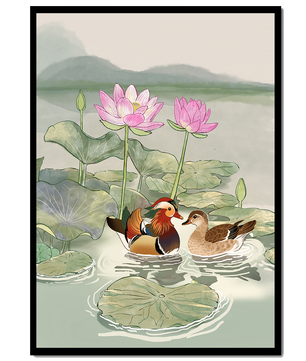 Patos mandarines y flores de loto en un estanque tranquilo