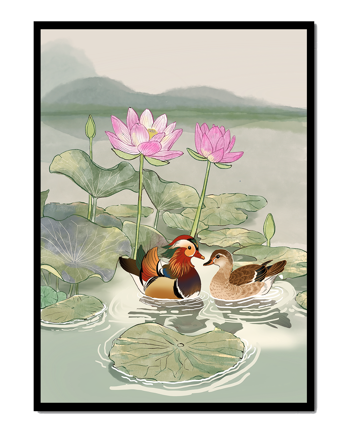 Patos mandarines y flores de loto en un estanque tranquilo