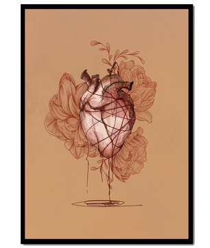 Ilustración detallada de un corazón anatómico con elementos florales sobre fondo beige