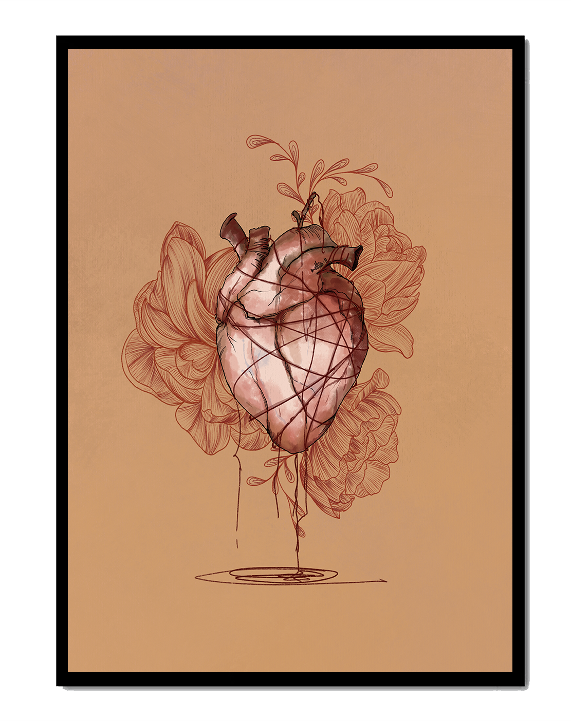 Detailed illustration of an anatomical heart with floral elements on a beige background