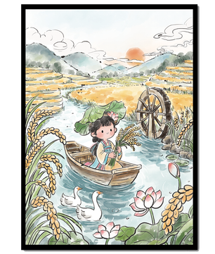 Niña en un bote con campos de arroz y atardecer de fondo