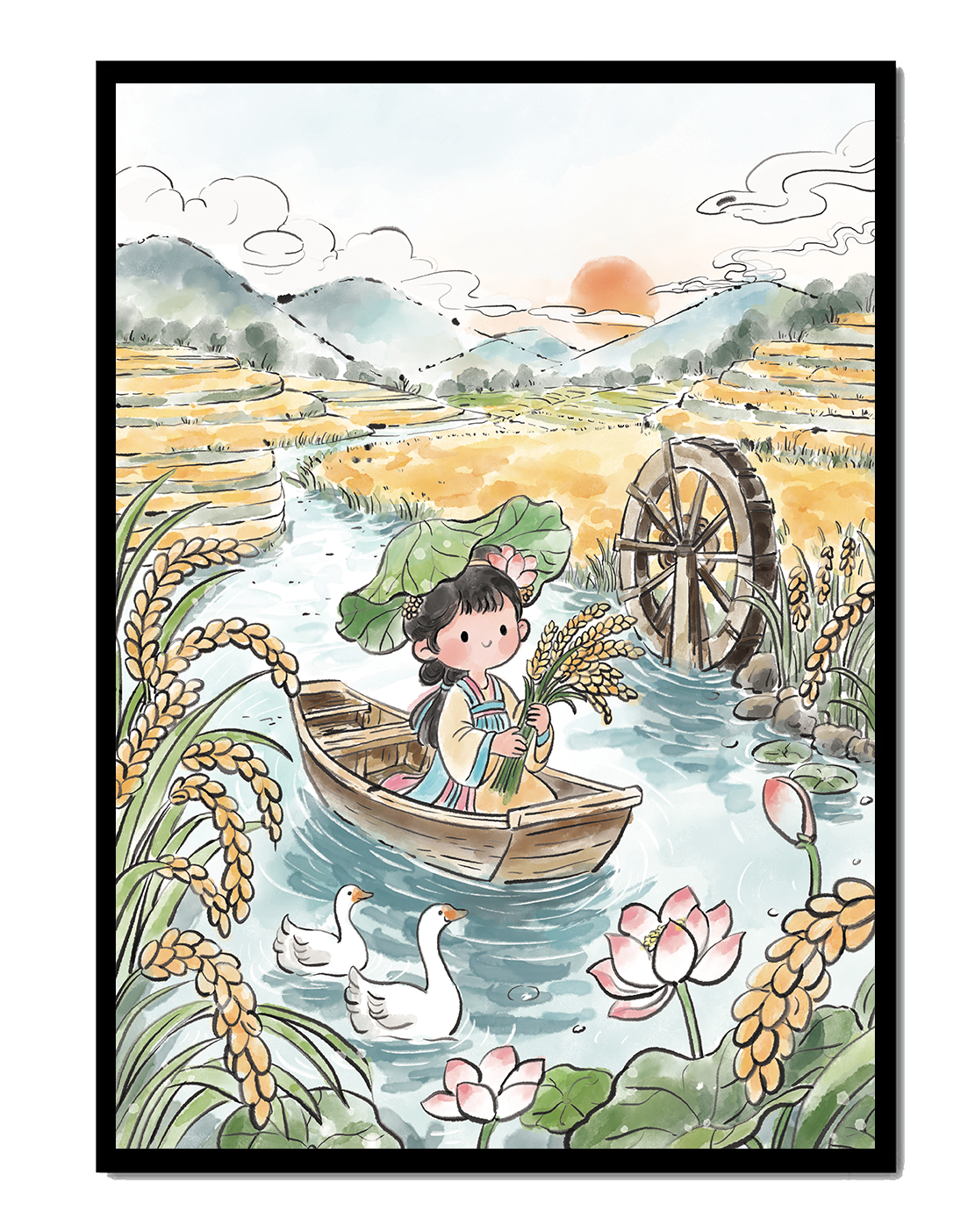 Niña en un bote con campos de arroz y atardecer de fondo