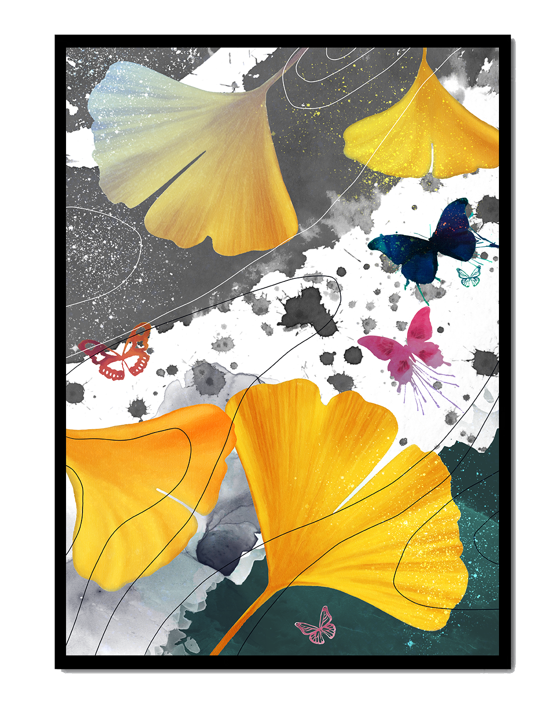 Composición artística con hojas amarillas y mariposas