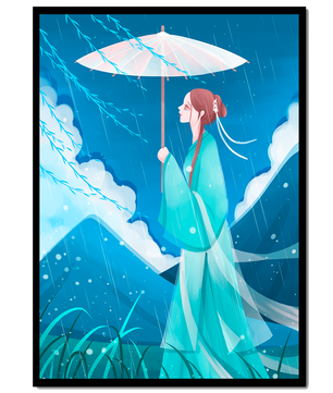 Porträt einer Frau mit Regenschirm in einer verregneten Berglandschaft
