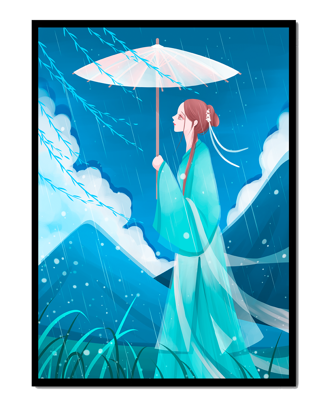 Porträt einer Frau mit Regenschirm in einer verregneten Berglandschaft
