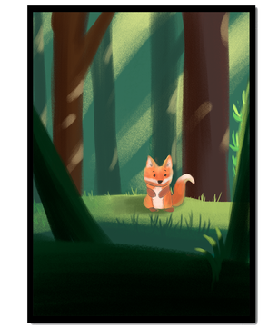 Charmante Illustration eines niedlichen Fuchses in einer ruhigen Waldlandschaft