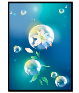 Zarte Blume in transparenten Blasen auf einem verträumten blauen Hintergrund