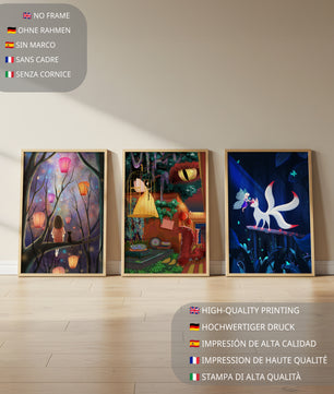 Triptyque d’art fantastique avec des illustrations colorées et oniriques