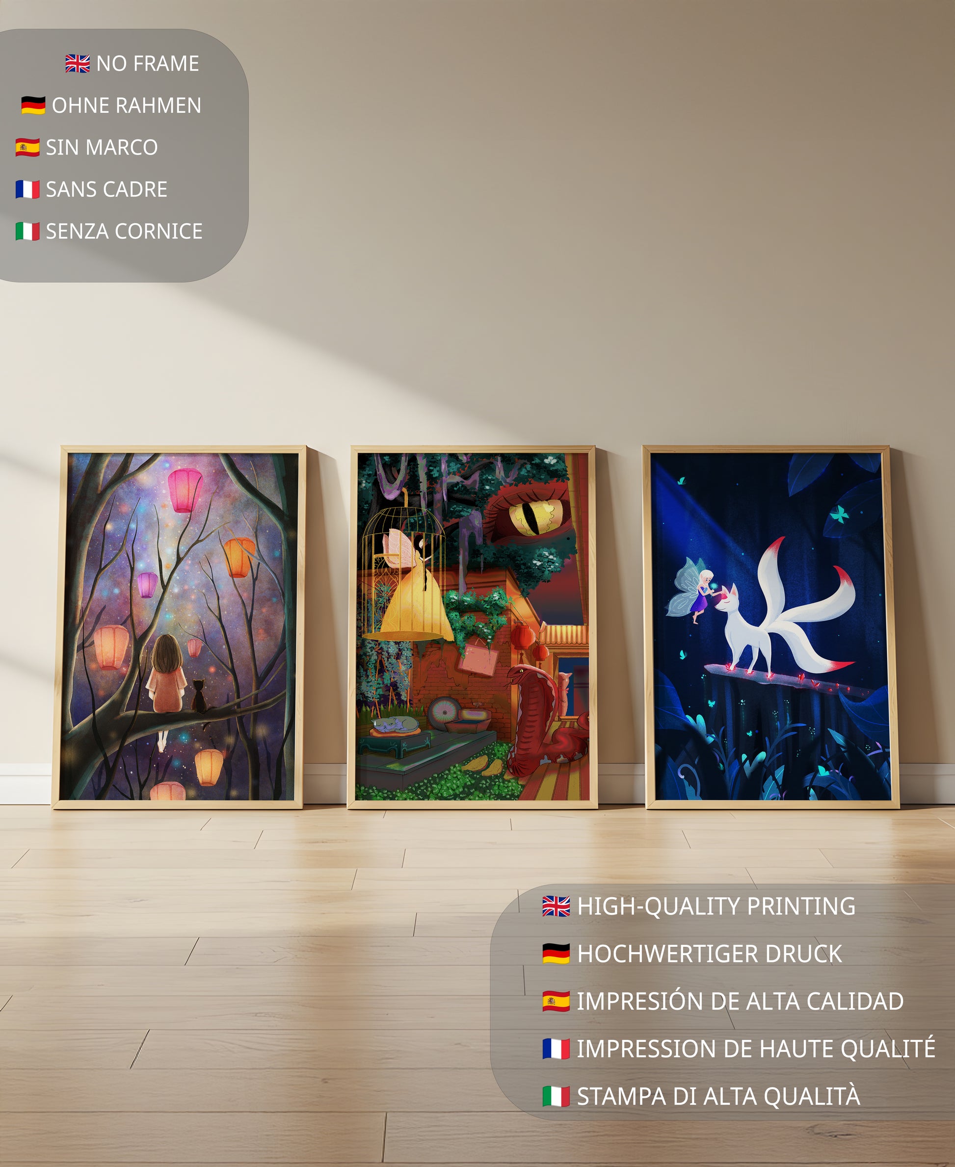 Triptyque d’art fantastique avec des illustrations colorées et oniriques