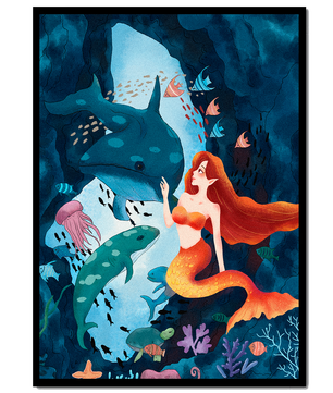 Underwater scene with a mermaid interacting with sea creatures in a vibrant ocean cave