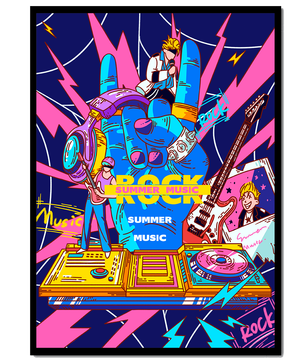 Ilustración temática vibrante de música rock con instrumentos y artistas