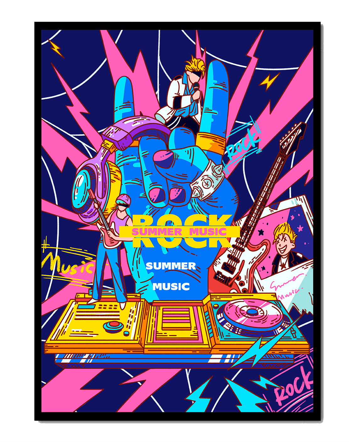 Ilustración temática vibrante de música rock con instrumentos y artistas