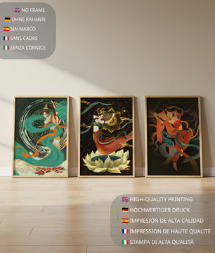 Ensemble d’affiches de style asiatique avec motifs floraux et dorés