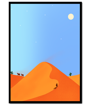 Serene desert landscape with dunes, camels, and a lone traveler under a starry sky
