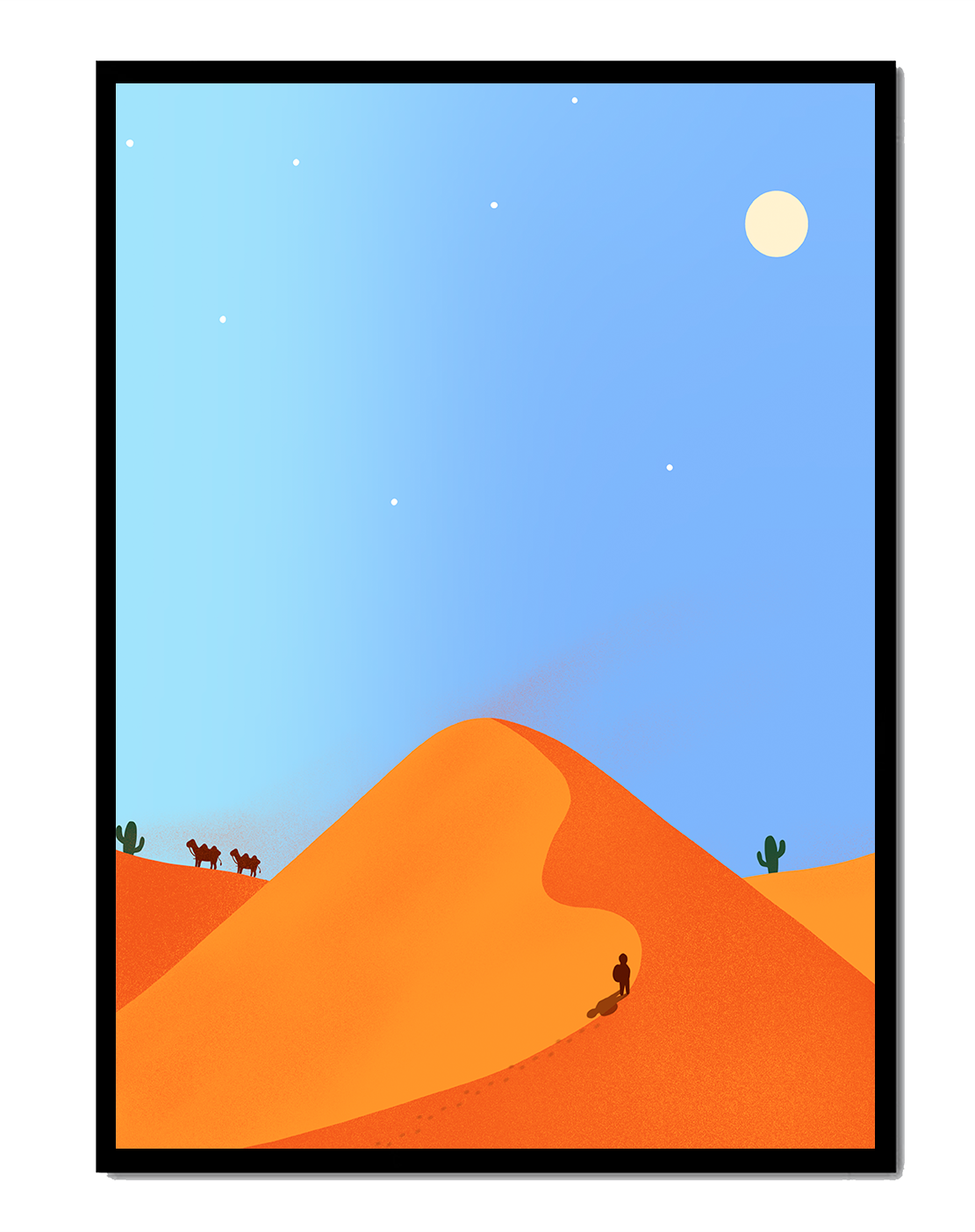 Serene desert landscape with dunes, camels, and a lone traveler under a starry sky