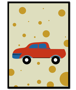 Ilustración abstracta de un coche rojo con círculos dorados sobre un fondo beige