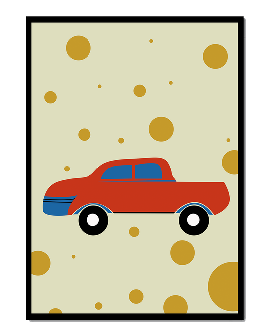 Abstract illustration of a red car with golden circles on a beige background