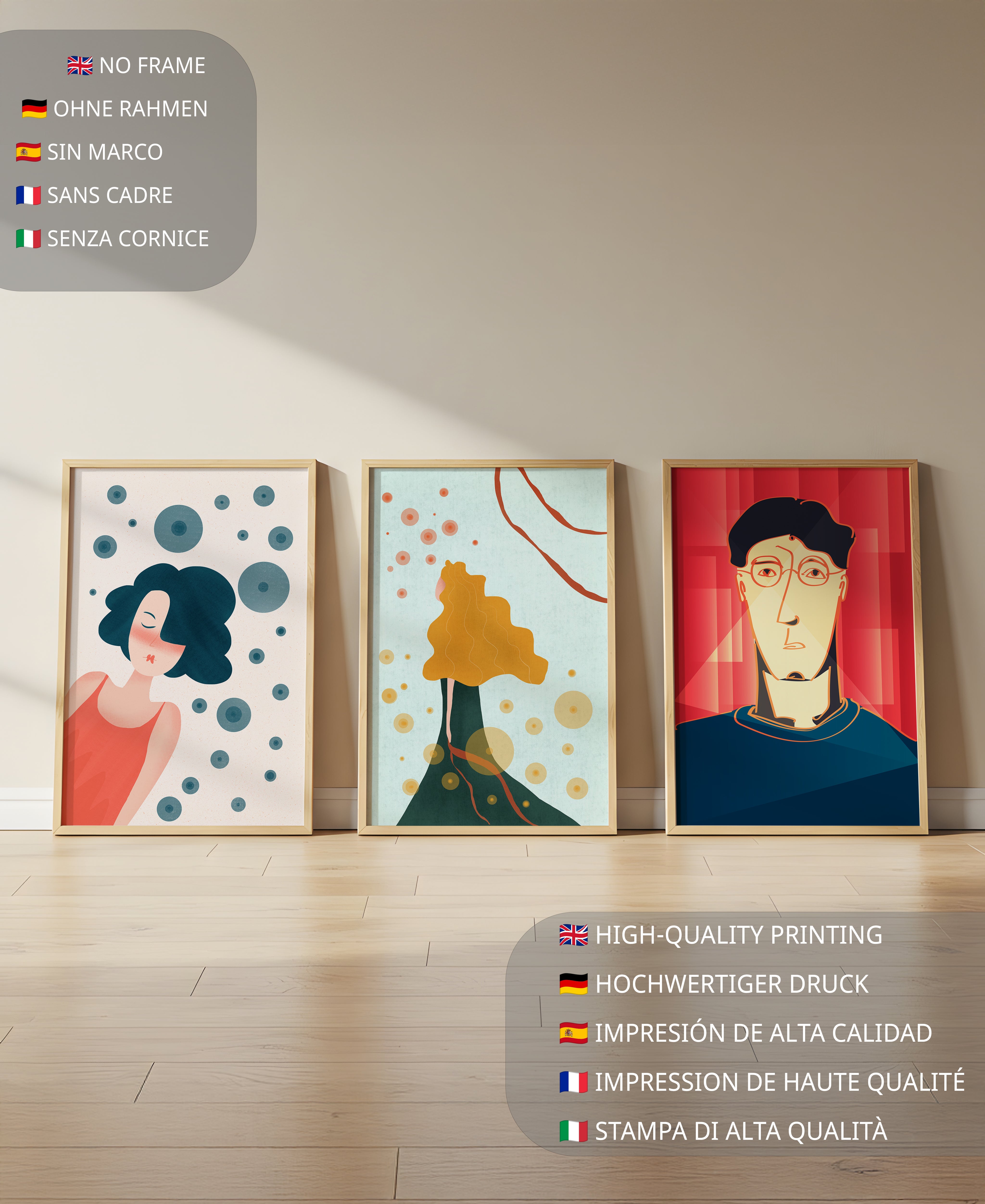 Triptyque d'art moderne avec impressions originales colorées