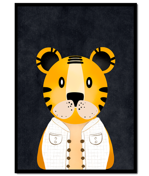 Illustration of cute cartoon tiger character in stylish outfit on dark background